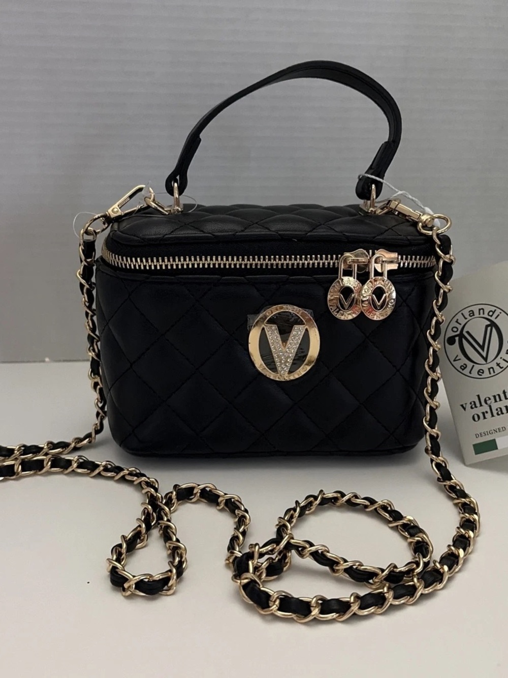 Valentino Orlandi Quilted Black Leather Crossbody Bag with Gold Chain